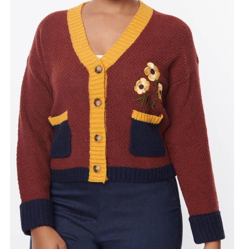 Unique Vintage Floral Embroidered Cardigan Sweater Mustard Rust Navy Cottagecore